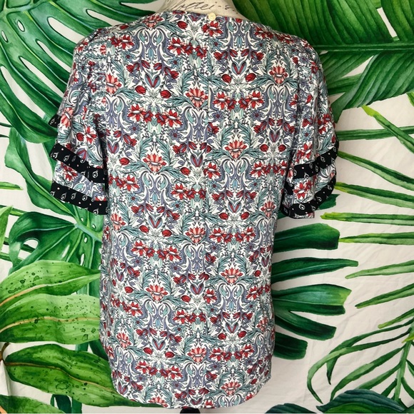 Loft XS Maximalist Floral Leaf Print Office Spring Tiered Ruffle Sleeve Blouse - Picture 4 of 8